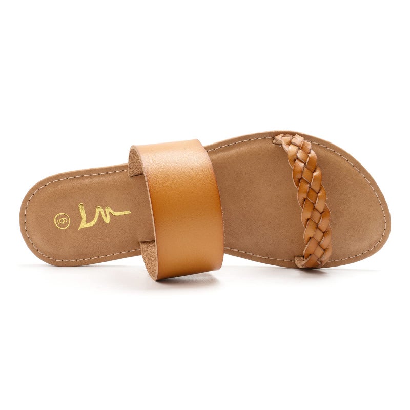 LM Women's Braided Slide Sandals Open Toe Two Strap Slip On Flat Sandals Casual Summer Shoes (8, Brown) - Image 3